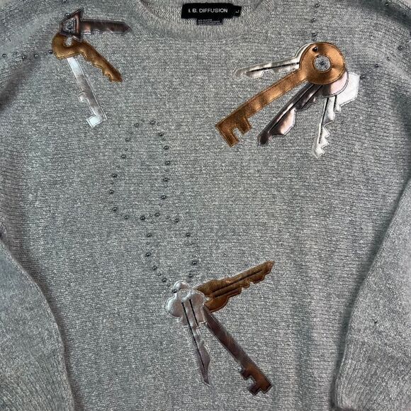 IB Diffusion Vintage Sweater Size L Silk Angora Rabbit Hair Lambswool Jewel Keys - Picture 3 of 8